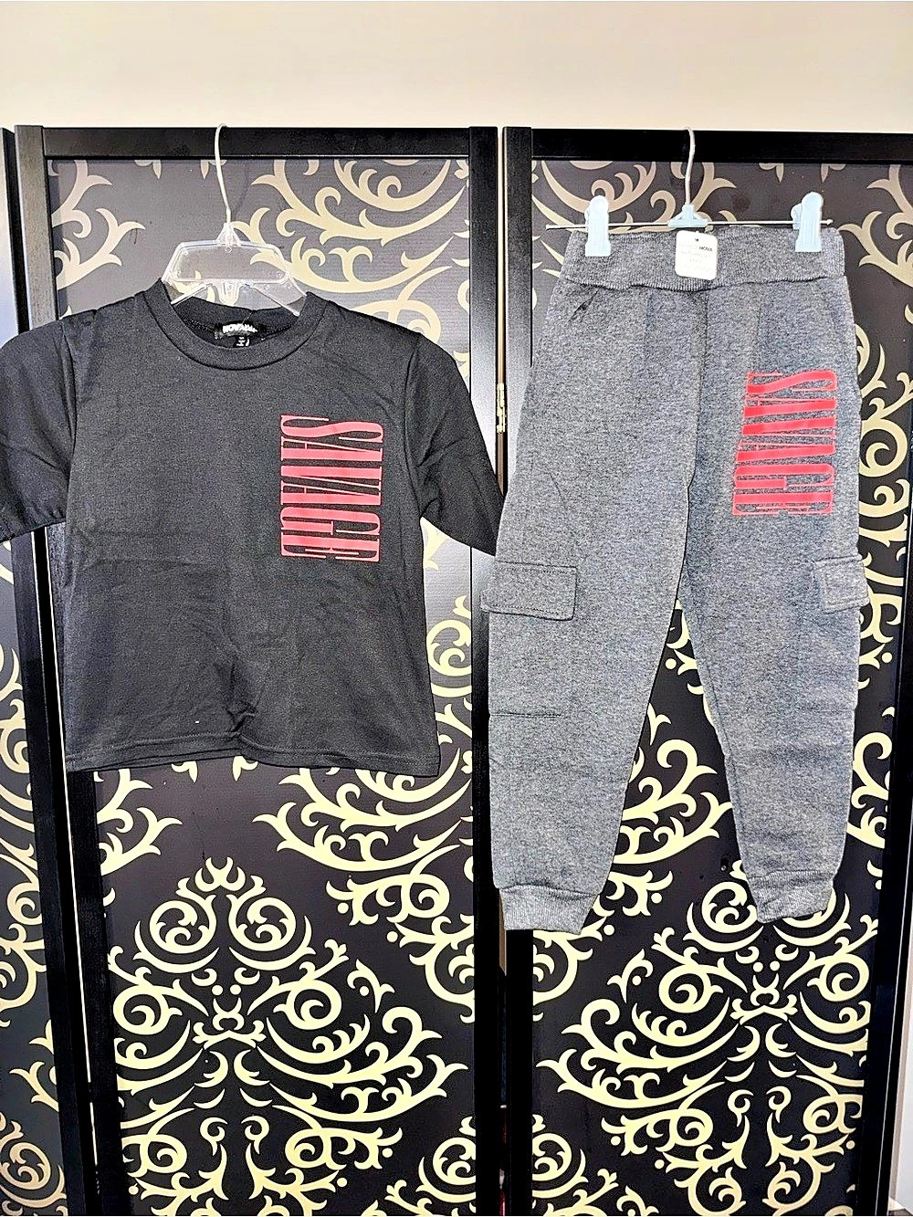 Fashion Nova Savage Dogs Front/Back T-Shirt and Cargo Jogger Pant Set